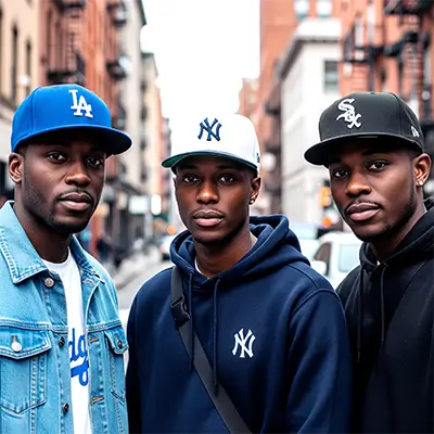 three men in baseball hats displayed by the hat culture