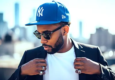 young man wearing blue baseball cap displayed by the hat culture