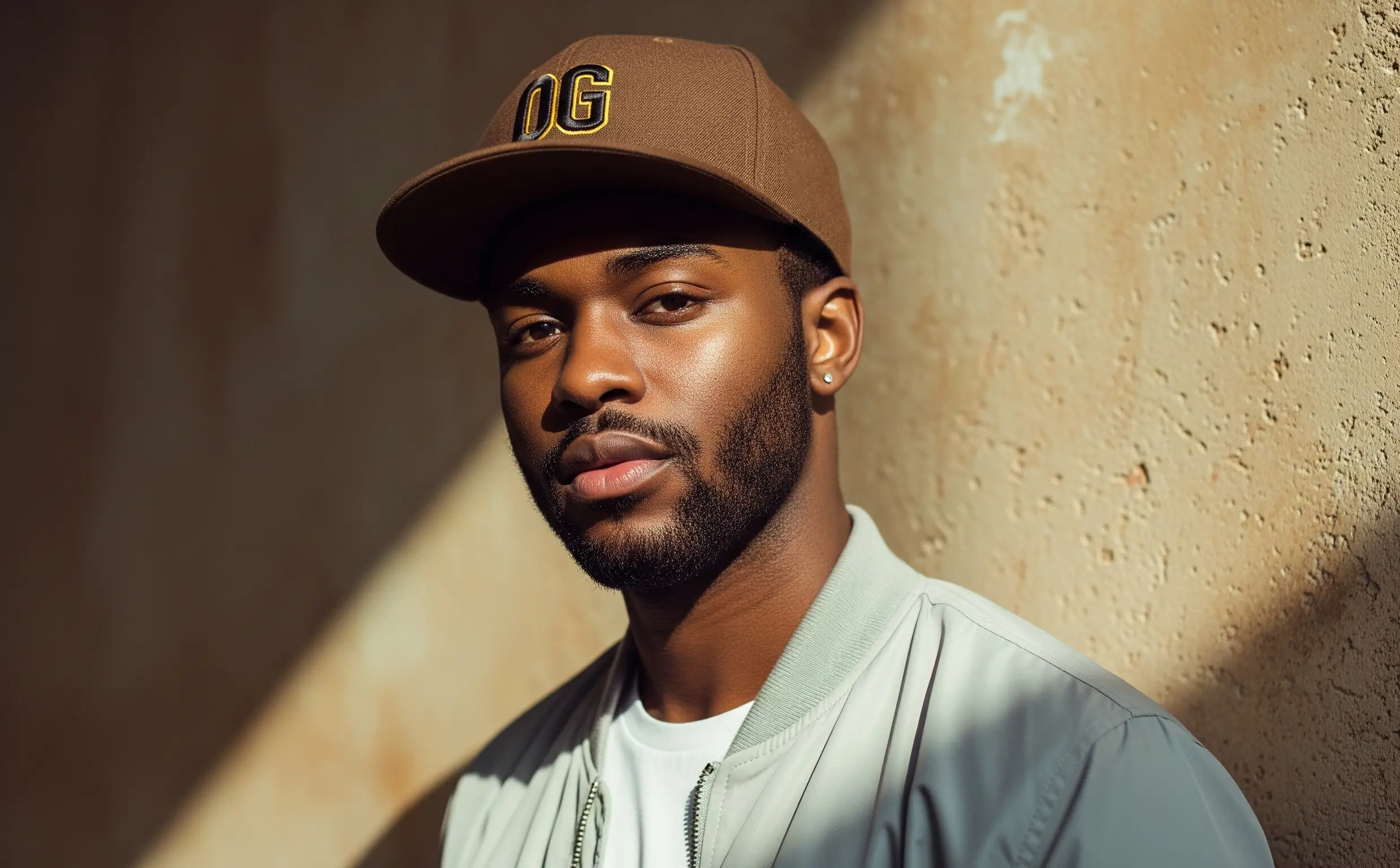 a young man wearing a brown og baseball cap
