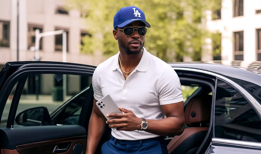 young executive man wearing an la baseball hat coming out of a luxury car