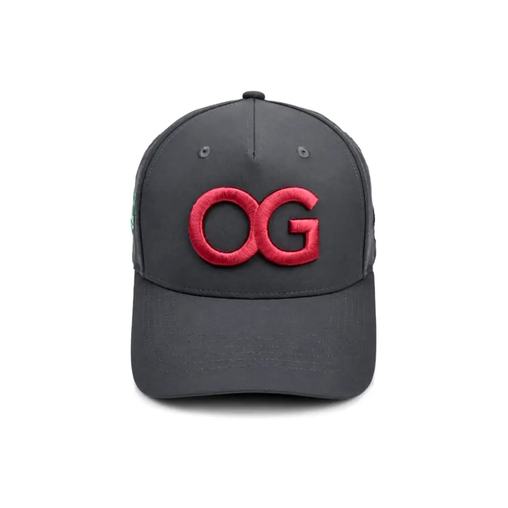 Hall of Fame OG Meteor Grey trucker snapback with red embroidered OG logo-front view