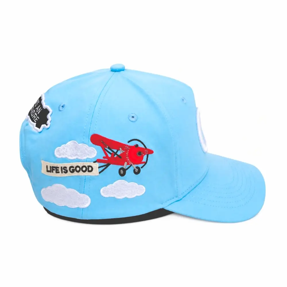 Hall of Fame OG blue curved brim snapback with white logo and aeroplane embroidery-side view